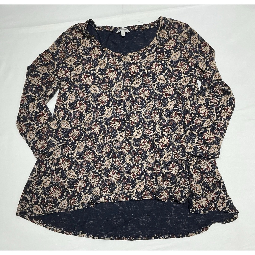 Lucky Brand Blouse Womens Small Blue Floral Boho 3/4 Sleeve Round Neck